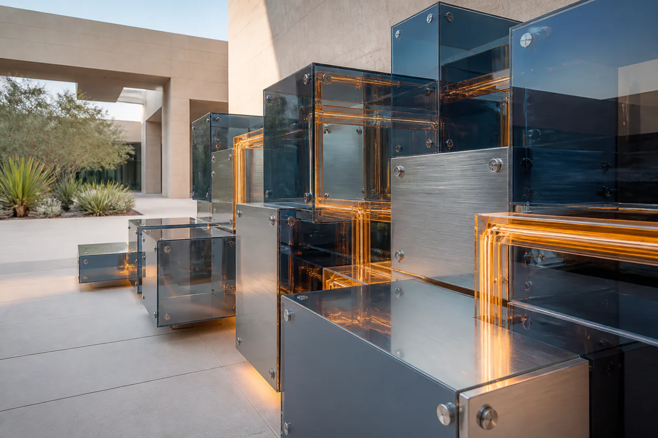 Sculptural glass and aluminium modules connected by amber light in a Dubai courtyard